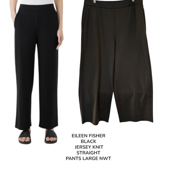 EILEEN FISHER JERSEY KNIT BLACK STRAIGHT LEG PANTS SZ. LARGE NWT - Picture 1 of 5